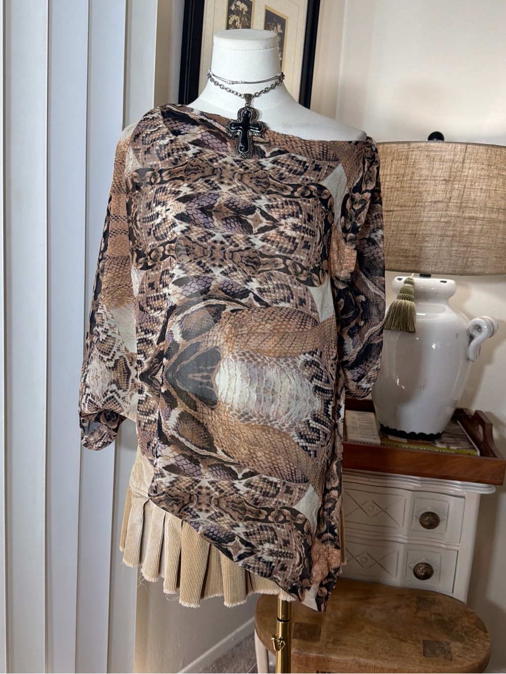 Y2K Bebe Brown & Cream Snake-Print Sheer Blouse